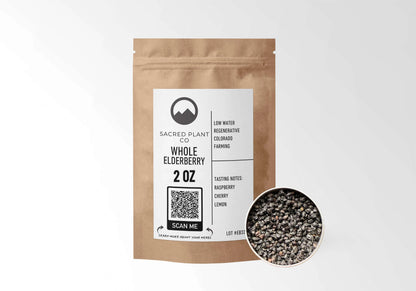 Sacred Plant Co Elderberries 2 oz in a kraft stand-up pouch with a sample in a silver tin.