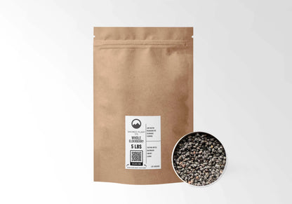 Sacred Plant Co Elderberries 5 LBS kraft stand-up pouch shown with a sample of the berries.