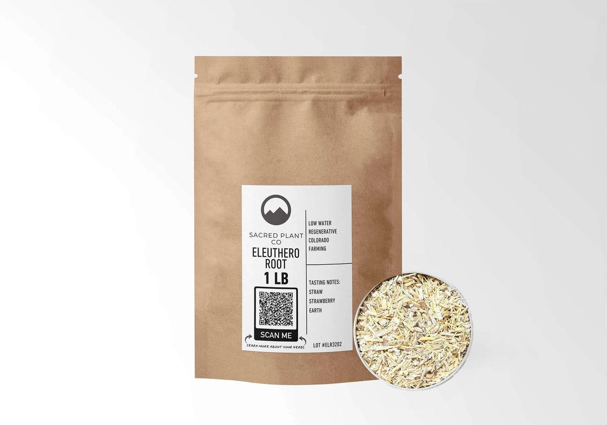 Sacred Plant Co Eleuthero Root 1 LB kraft stand-up pouch shown with a sample of the herb.