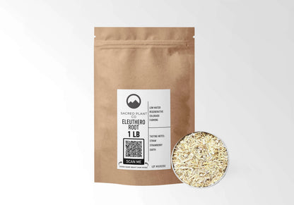 Sacred Plant Co Eleuthero Root 1 LB kraft stand-up pouch shown with a sample of the herb.