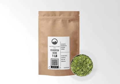 Sacred Plant Co Feverfew 1 LB kraft stand-up pouch shown with a sample of the herb.