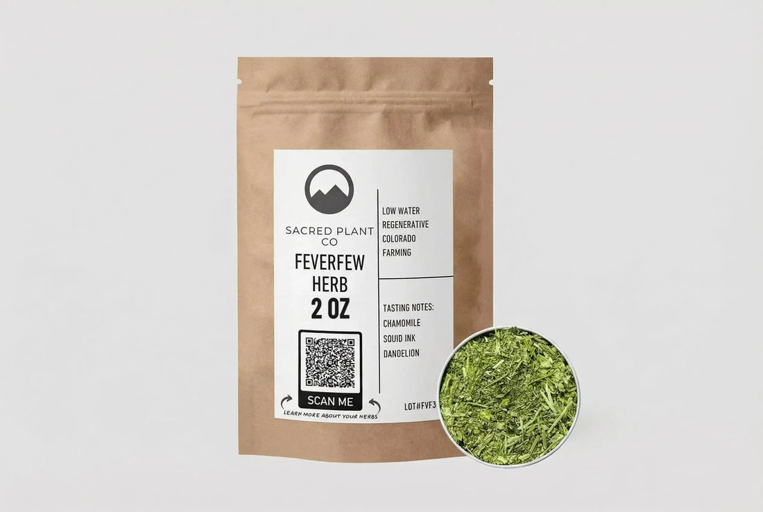 Sacred Plant Co Feverfew 2 oz in a kraft stand-up pouch with a sample in a silver tin.