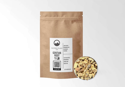 Sacred Plant Co Gentian Root 1 LB kraft stand-up pouch shown with a sample of the herb.