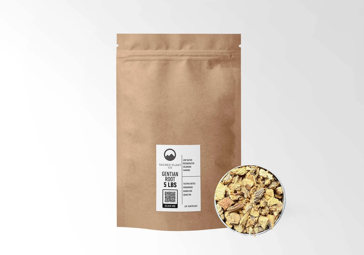 Sacred Plant Co Gentian Root 5 LBS kraft stand-up pouch shown with a sample of the herb.