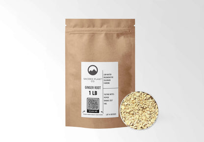 Sacred Plant Co Ginger Root 1 LB kraft stand-up pouch shown with a sample of the herb.