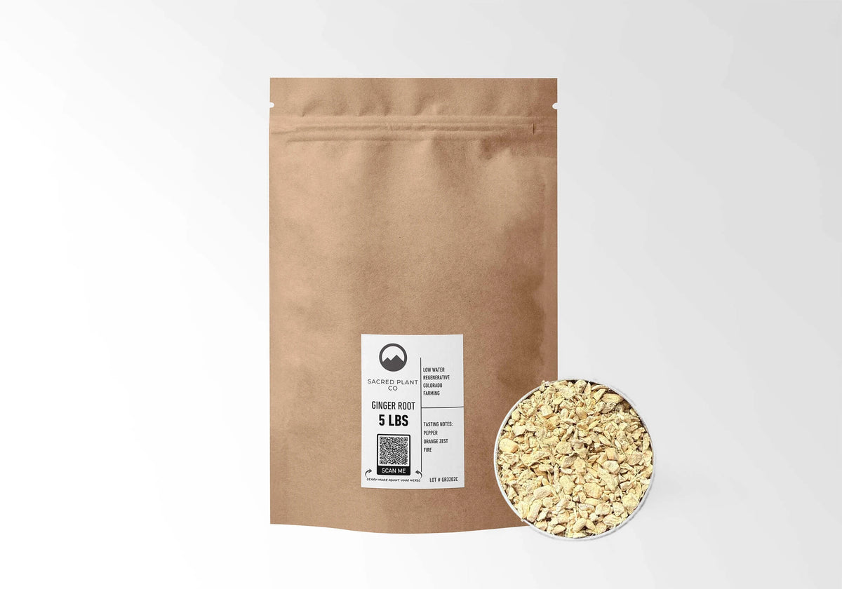 Sacred Plant Co Ginger Root 5 LBS kraft stand-up pouch shown with a sample of the herb.