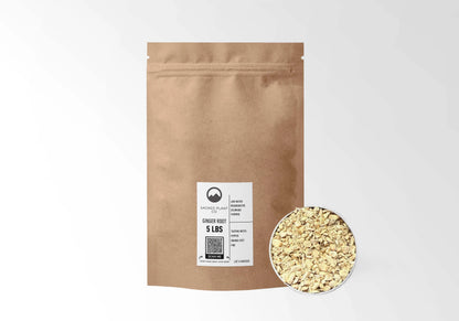 Sacred Plant Co Ginger Root 5 LBS kraft stand-up pouch shown with a sample of the herb.