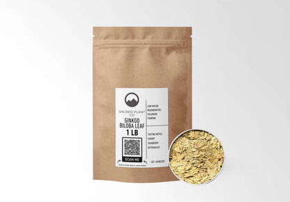 Sacred Plant Co Ginkgo Biloba Leaf 1 LB kraft stand-up pouch shown with a sample of the herb.