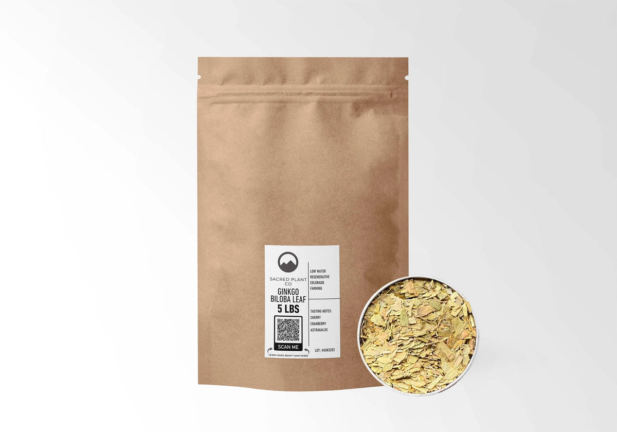 Sacred Plant Co Ginkgo Biloba Leaf 5 LBS kraft stand-up pouch shown with a sample of the herb.