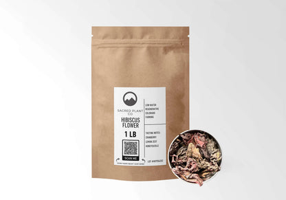 Sacred Plant Co Hibiscus Flowers 1 LB kraft stand-up pouch shown with a sample of the herb.