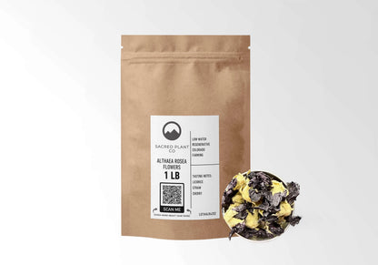 Sacred Plant Co Hollyhock Flowers 1 LB kraft stand-up pouch shown with a sample of the flowers.