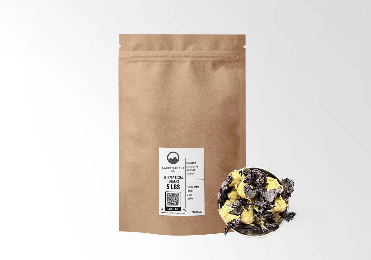 Sacred Plant Co Hollyhock Flowers 5 LBS kraft stand-up pouch shown with a sample of the flowers.