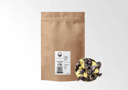Sacred Plant Co Hollyhock Flowers 5 LBS kraft stand-up pouch shown with a sample of the flowers.