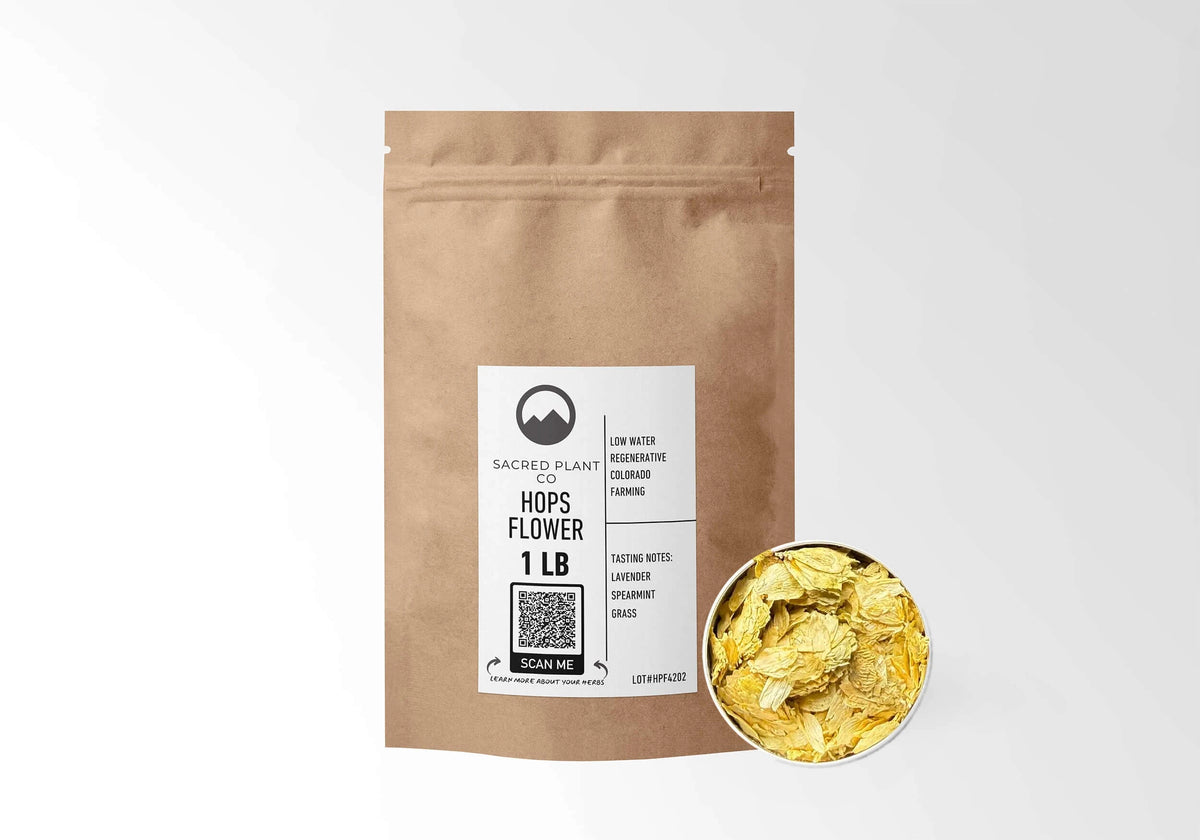 Sacred Plant Co Hops Flower 1 LB kraft stand-up pouch shown with a sample of the herb.