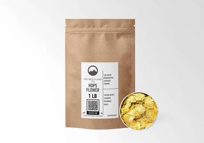 Sacred Plant Co Hops Flower 1 LB kraft stand-up pouch shown with a sample of the herb.