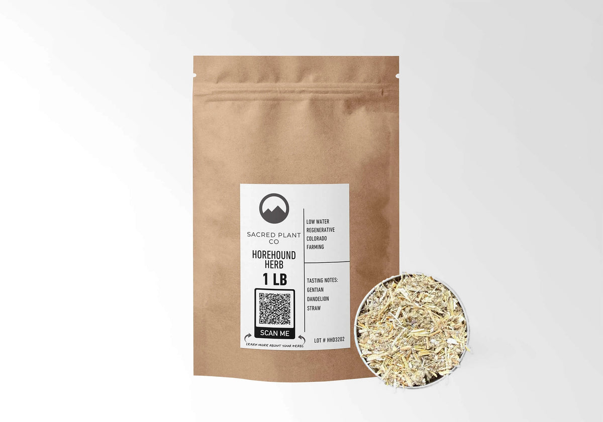 Sacred Plant Co Horehound Herb 1 LB kraft stand-up pouch shown with a sample of the herb.