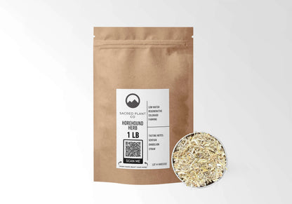 Sacred Plant Co Horehound Herb 1 LB kraft stand-up pouch shown with a sample of the herb.