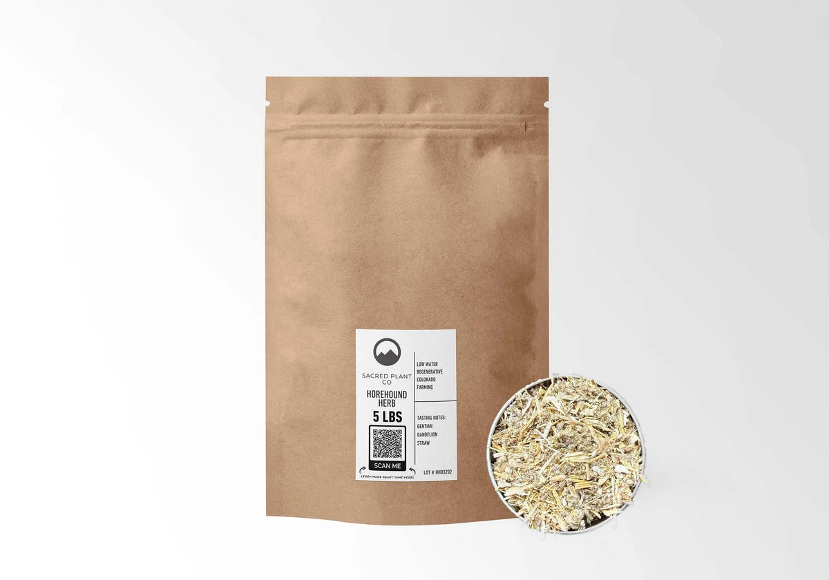 Sacred Plant Co Horehound Herb 5 LBS kraft stand-up pouch shown with a sample of the herb.