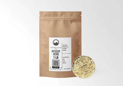 Sacred Plant Co Hyssop Herb 1 LB kraft stand-up pouch shown with a sample of the herb.