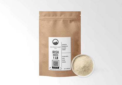 Sacred Plant Co Irish Sea Moss Powder 1 LB kraft stand-up pouch shown with a sample of the powder.