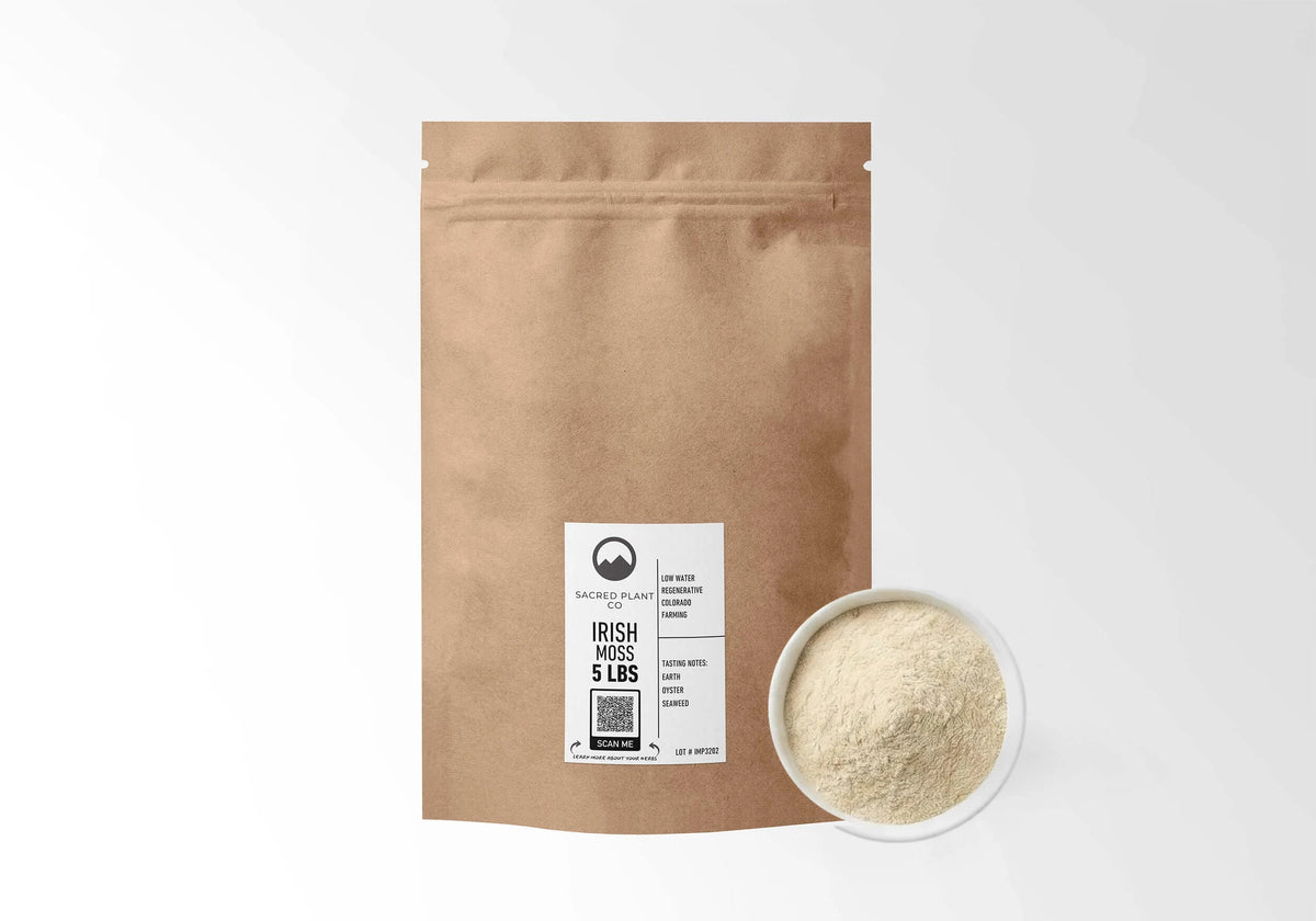 Sacred Plant Co Irish Sea Moss Powder 5 LBS kraft stand-up pouch shown with a sample of the powder.