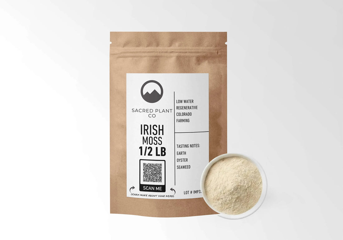 Sacred Plant Co Irish Sea Moss Powder 1/2 LB kraft stand-up pouch shown with a sample of the powder.