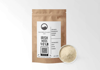 Sacred Plant Co Irish Sea Moss Powder 1/2 LB kraft stand-up pouch shown with a sample of the powder.