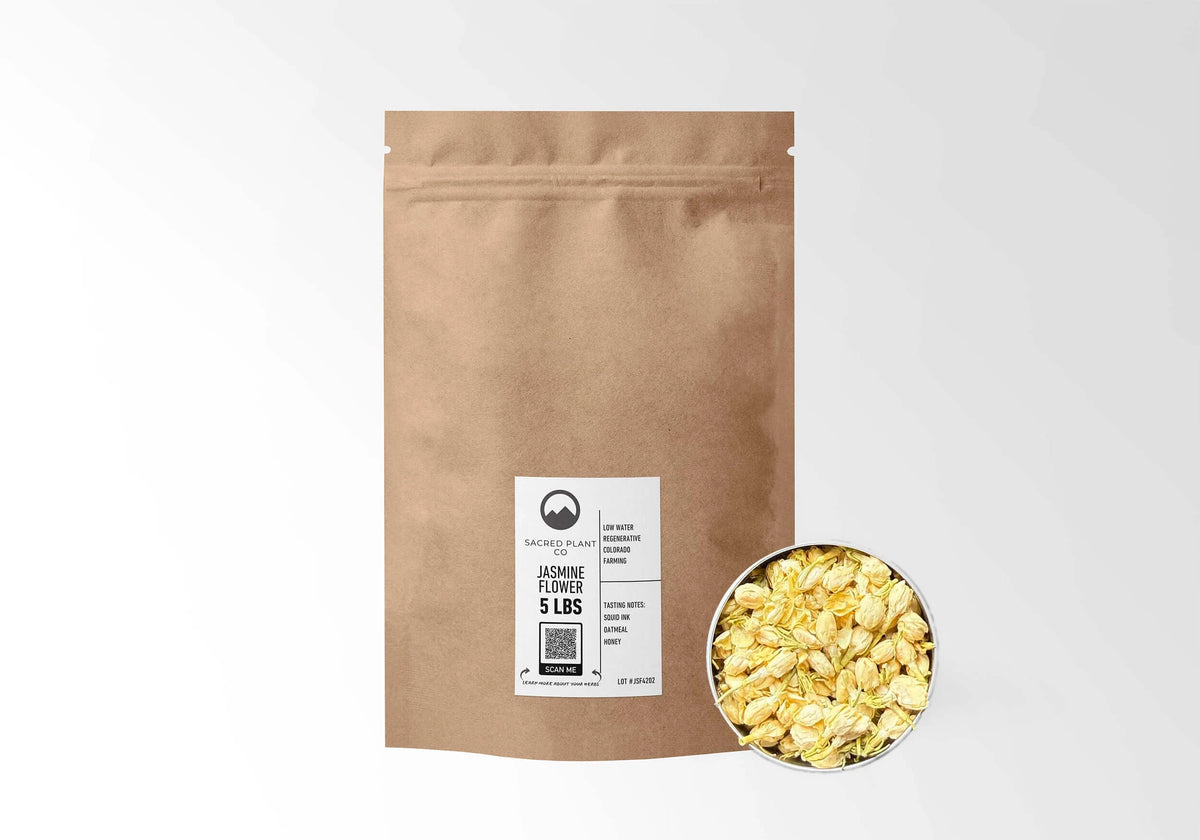 Sacred Plant Co Jasmine Flowers 5 LBS kraft stand-up pouch shown with a sample of the herb.