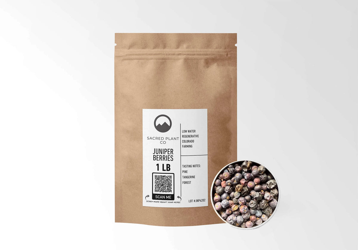 Sacred Plant Co Juniper Berries 1 LB kraft stand-up pouch shown with a sample of the berries.