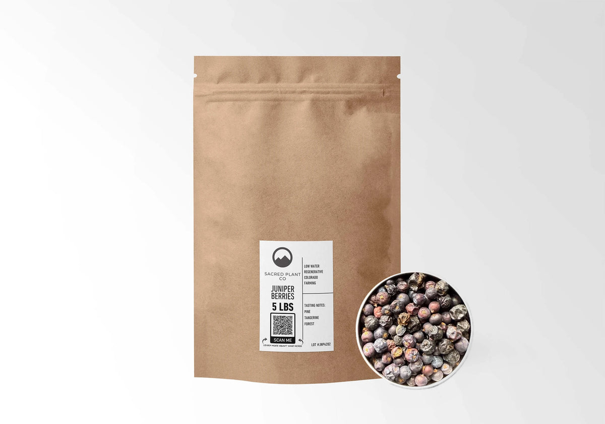 Sacred Plant Co Juniper Berries 5 LBS kraft stand-up pouch shown with a sample of the berries.