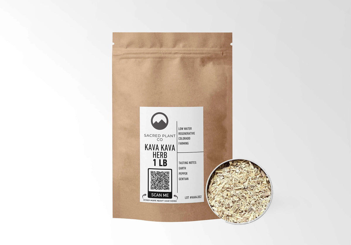 Sacred Plant Co Kava Kava Root 1 LB kraft stand-up pouch shown with a sample of the herb.