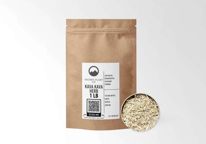 Sacred Plant Co Kava Kava Root 1 LB kraft stand-up pouch shown with a sample of the herb.