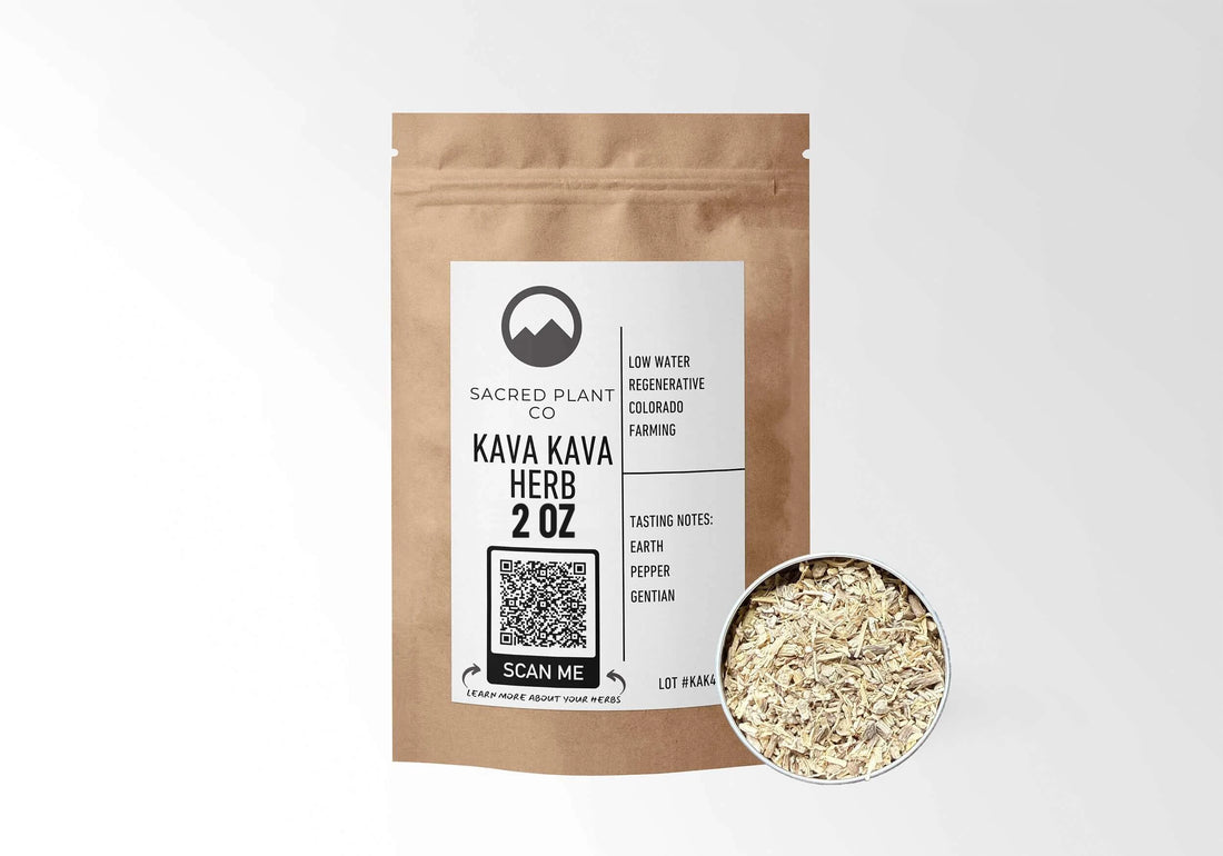 Sacred Plant Co Kava Kava Root 2 oz in a kraft stand-up pouch with a sample in a silver tin.