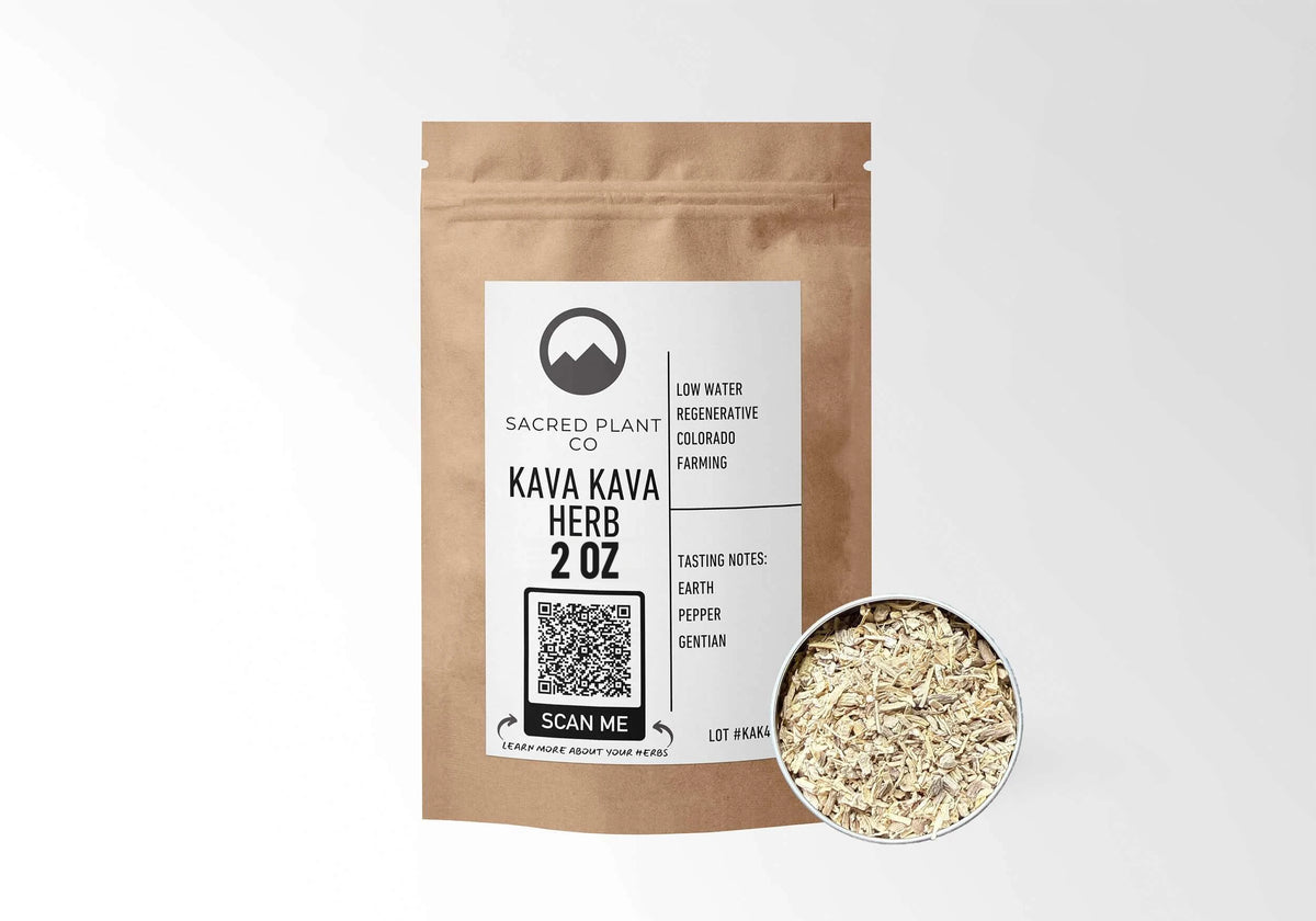 Sacred Plant Co Kava Kava Root 2 oz in a kraft stand-up pouch with a sample in a silver tin.