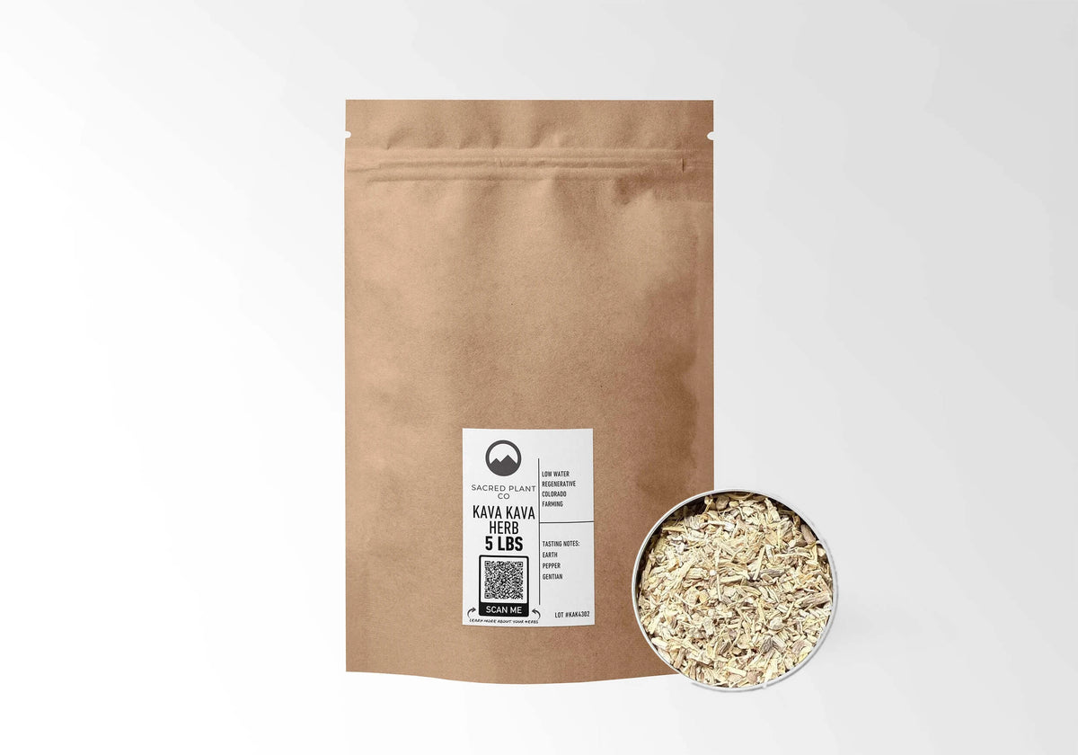 Sacred Plant Co Kava Kava Root 5 LBS kraft stand-up pouch shown with a sample of the herb.
