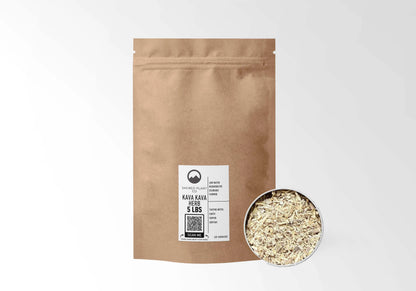 Sacred Plant Co Kava Kava Root 5 LBS kraft stand-up pouch shown with a sample of the herb.