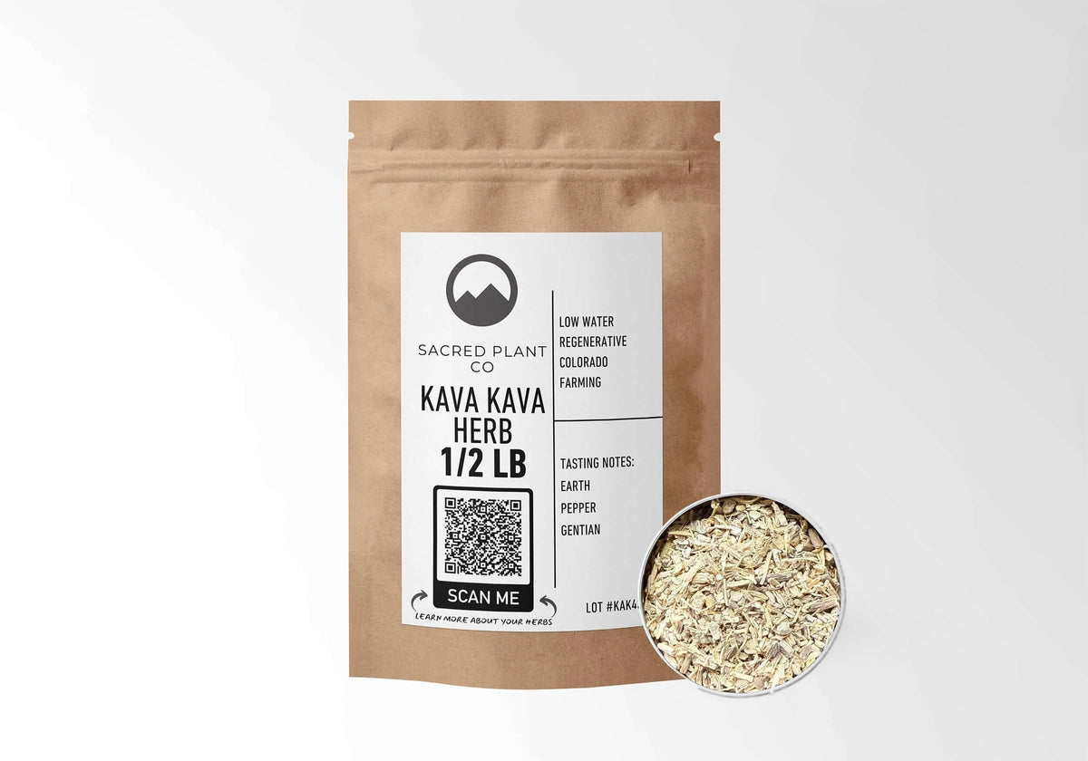 Sacred Plant Co Kava Kava Root 1/2 LB kraft stand-up pouch shown with a sample of the herb.