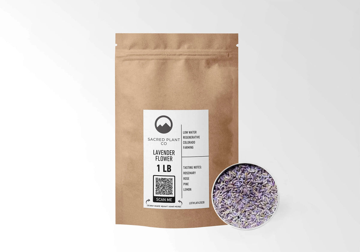 Sacred Plant Co Lavender 1 LB kraft stand-up pouch shown with a sample of the herb.