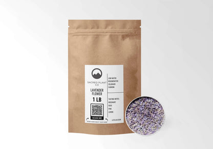 Sacred Plant Co Lavender 1 LB kraft stand-up pouch shown with a sample of the herb.