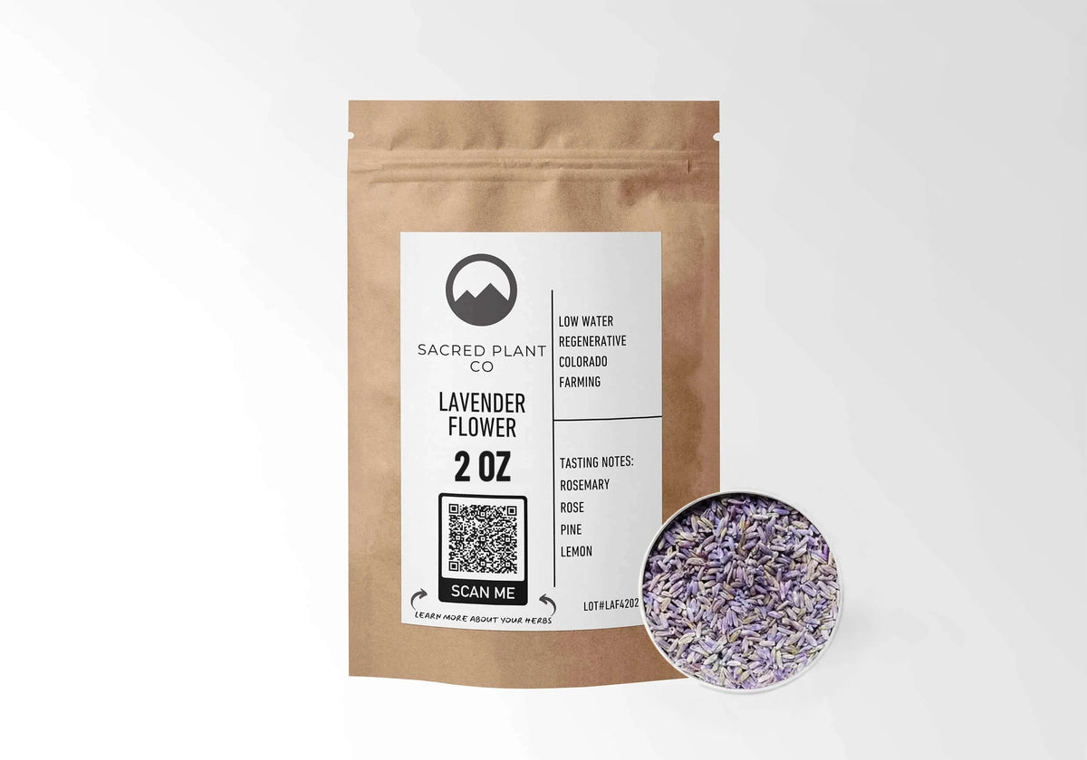 Sacred Plant Co Lavender 2 oz kraft stand-up pouch shown with a sample of the herb.