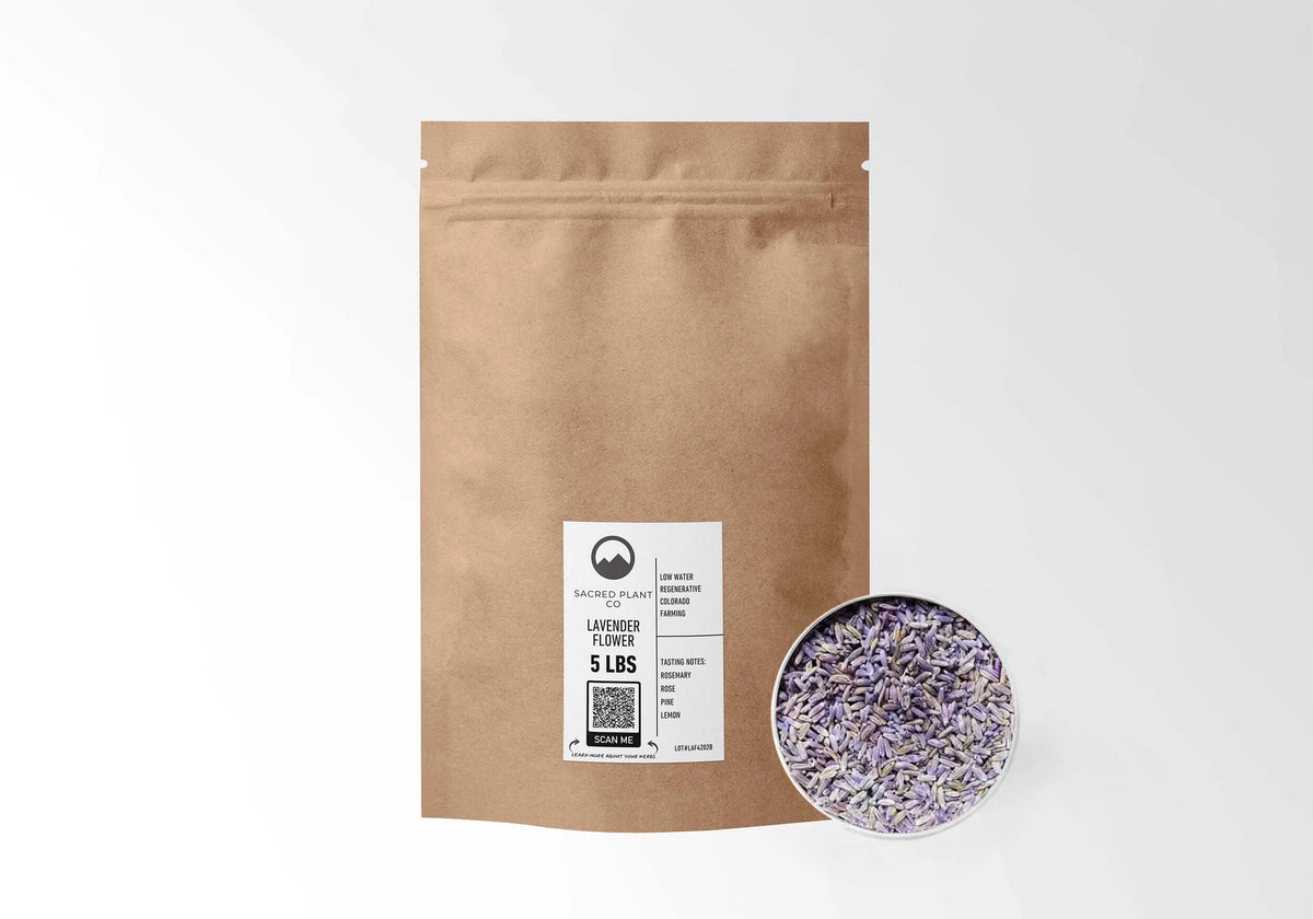 Sacred Plant Co Lavender 5 LBS kraft stand-up pouch shown with a sample of the herb.