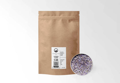 Sacred Plant Co Lavender 5 LBS kraft stand-up pouch shown with a sample of the herb.
