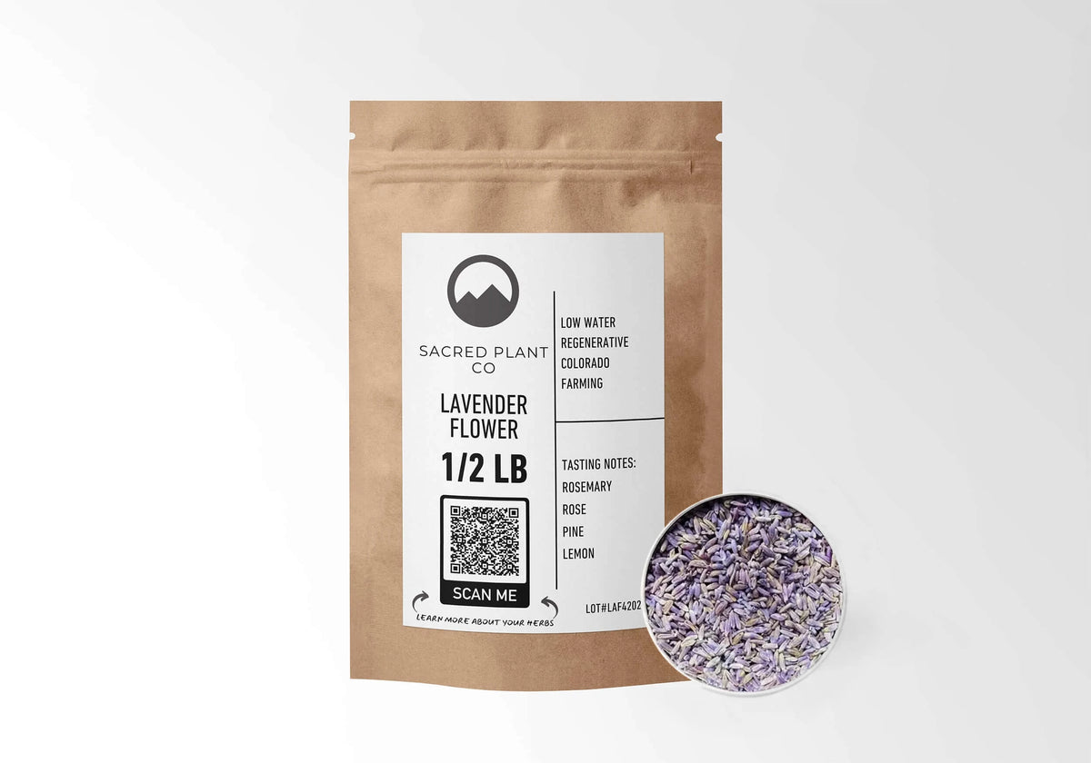 Sacred Plant Co Lavender 1/2 LB kraft stand-up pouch shown with a sample of the herb.
