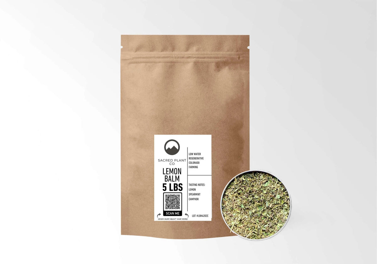Sacred Plant Co Lemon Balm 5 LBS kraft stand-up pouch shown with a sample of the herb.
