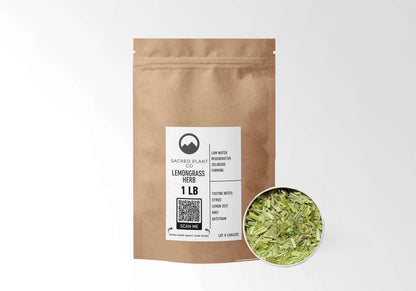 Sacred Plant Co Lemongrass 1 LB kraft stand-up pouch shown with a sample of the herb.