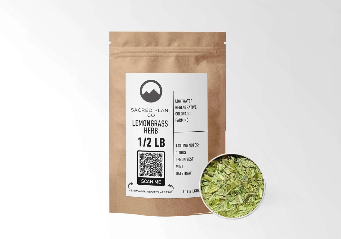 Sacred Plant Co Lemongrass 1/2 LB kraft stand-up pouch shown with a sample of the herb.