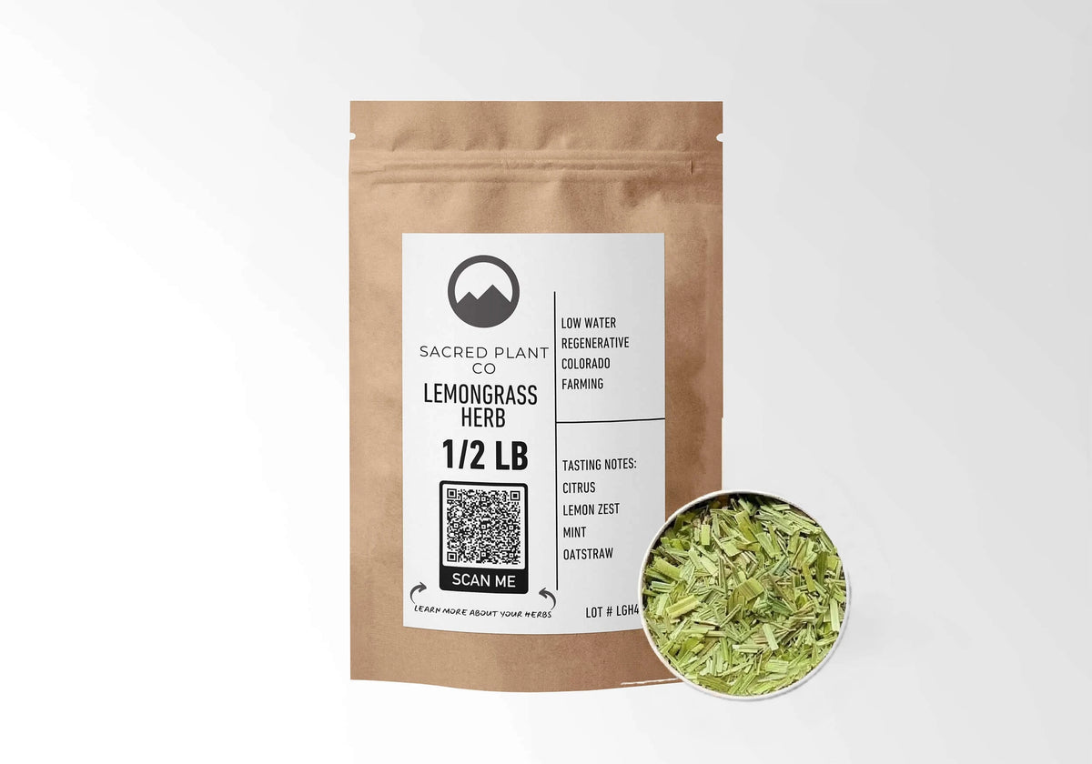 Sacred Plant Co Lemongrass 1/2 LB kraft stand-up pouch shown with a sample of the herb.