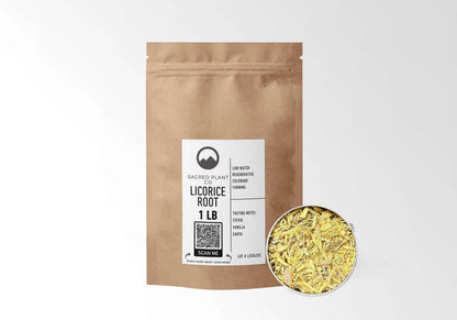 Sacred Plant Co Licorice Root 1 LB kraft stand-up pouch shown with a sample of the herb.