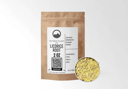 Sacred Plant Co Licorice Root 2 oz in a kraft stand-up pouch with a sample in a silver tin.