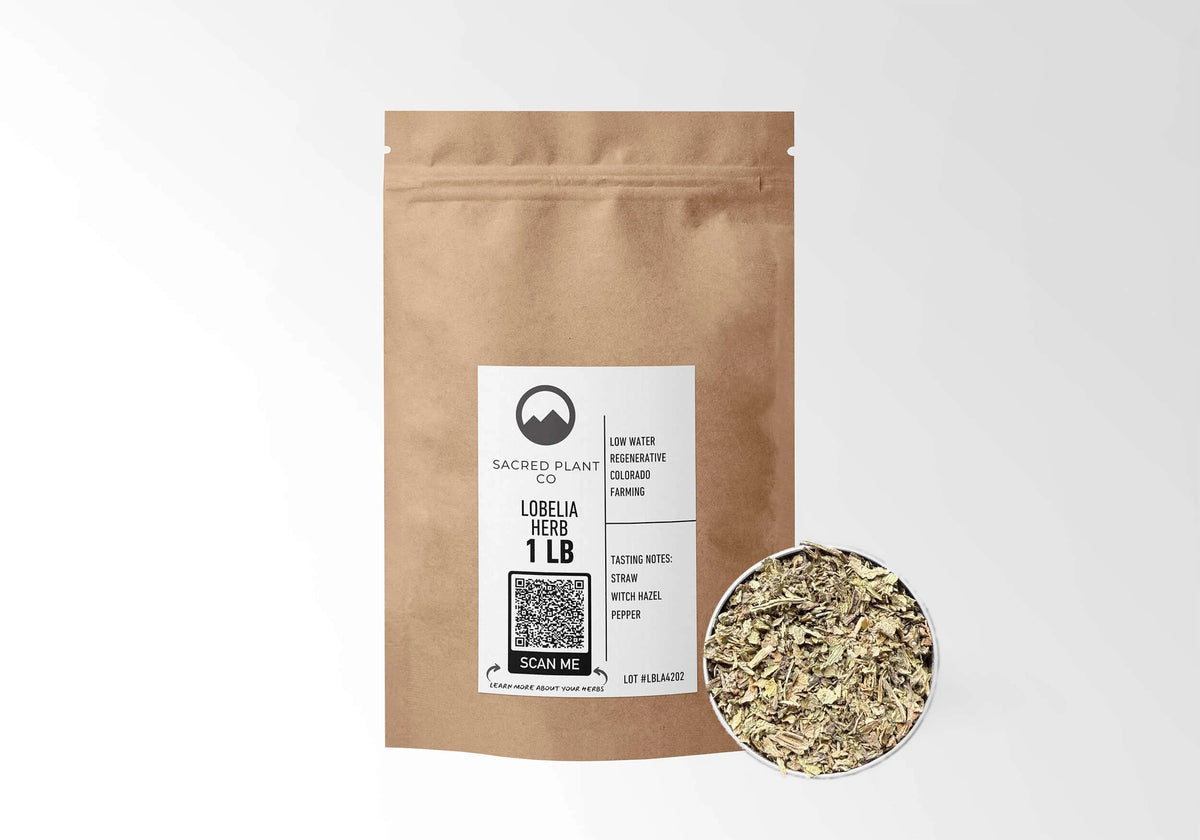 Sacred Plant Co Lobelia Herb 1 LB kraft stand-up pouch shown with a sample of the herb.